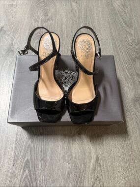 Vince Camuto Black Patent Open-Toe Slingback Heels